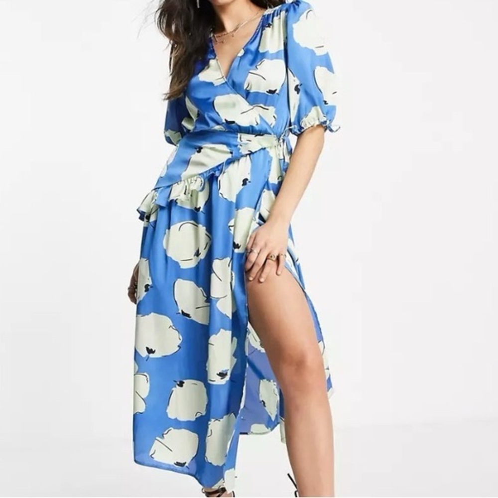 Topshop Floral Midi Dress-Blue Splodge Flower Ruffle Textured Wrap Midi Dress